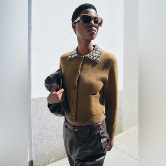 Zara ZW Collection 100% Wool Jewel Collar Cardigan Size XL - Picture 6 of 16